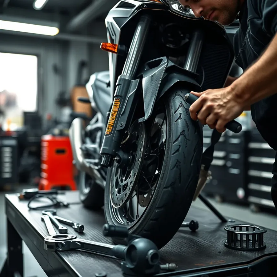 Apex Motoworks technician inspecting a motorcycle
